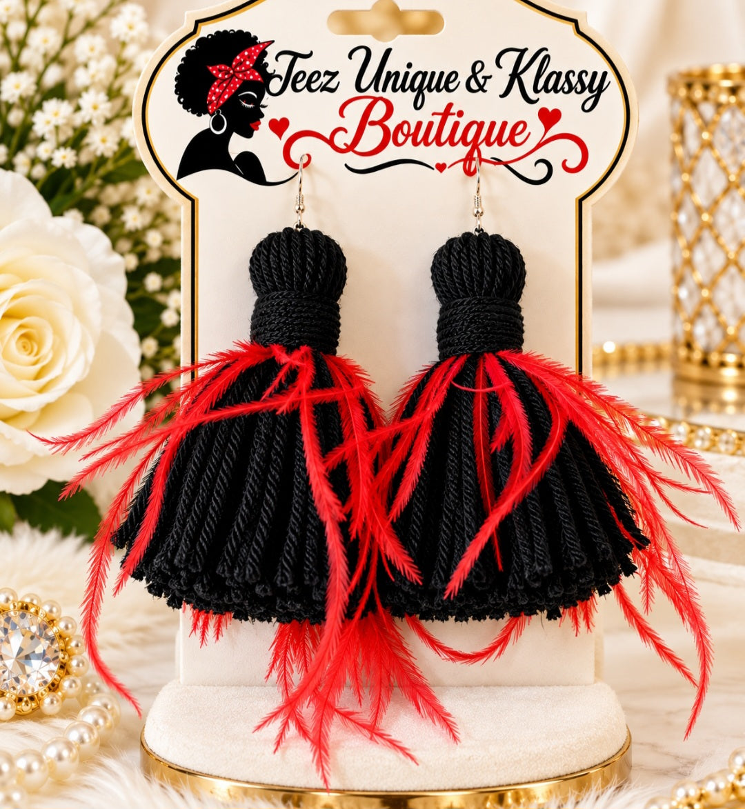 ❤️Teez Unique & Klassy Made With Love Feathered Tassel Earrings❤️